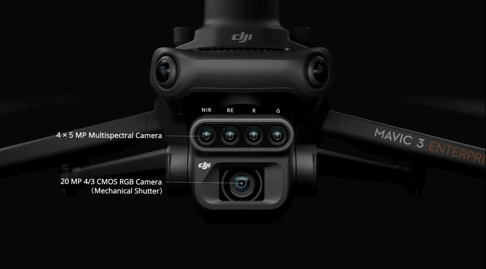 DJI Mavic 3 Multispectral drone sensor array showing the four 5MP multispectral cameras labelled NIR, RE, R and G alongside the 20MP RGB camera