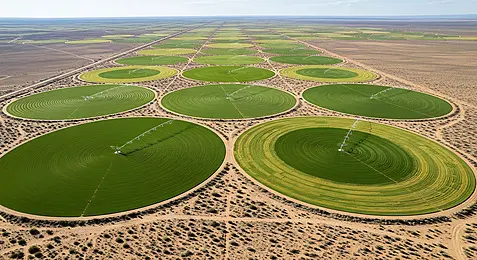 Aerial view of circular centre-pivot irrigated fields in a desert landscape at different growth stages
