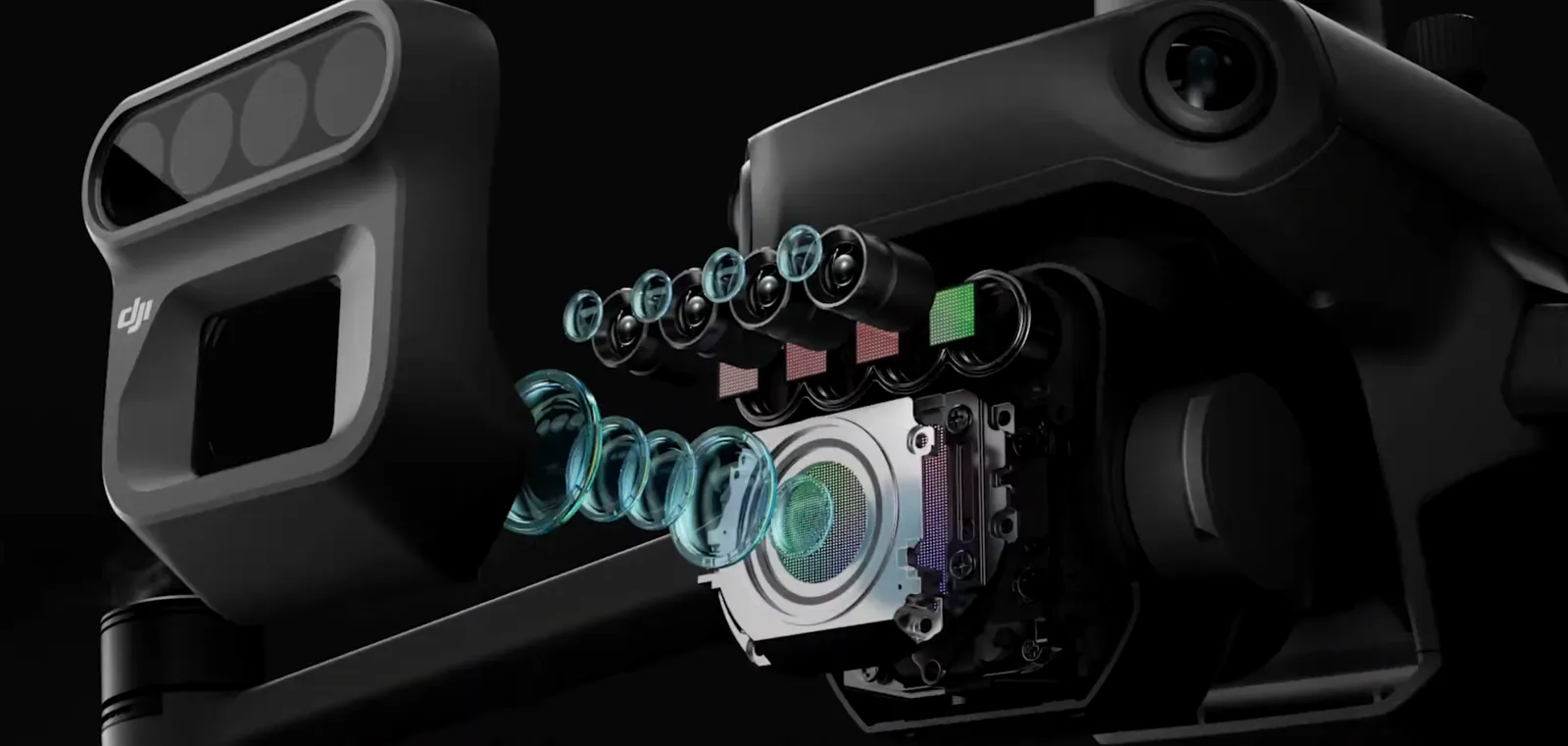 Internal design of a multispectral drone camera sensor showing the separate optical paths for each spectral band