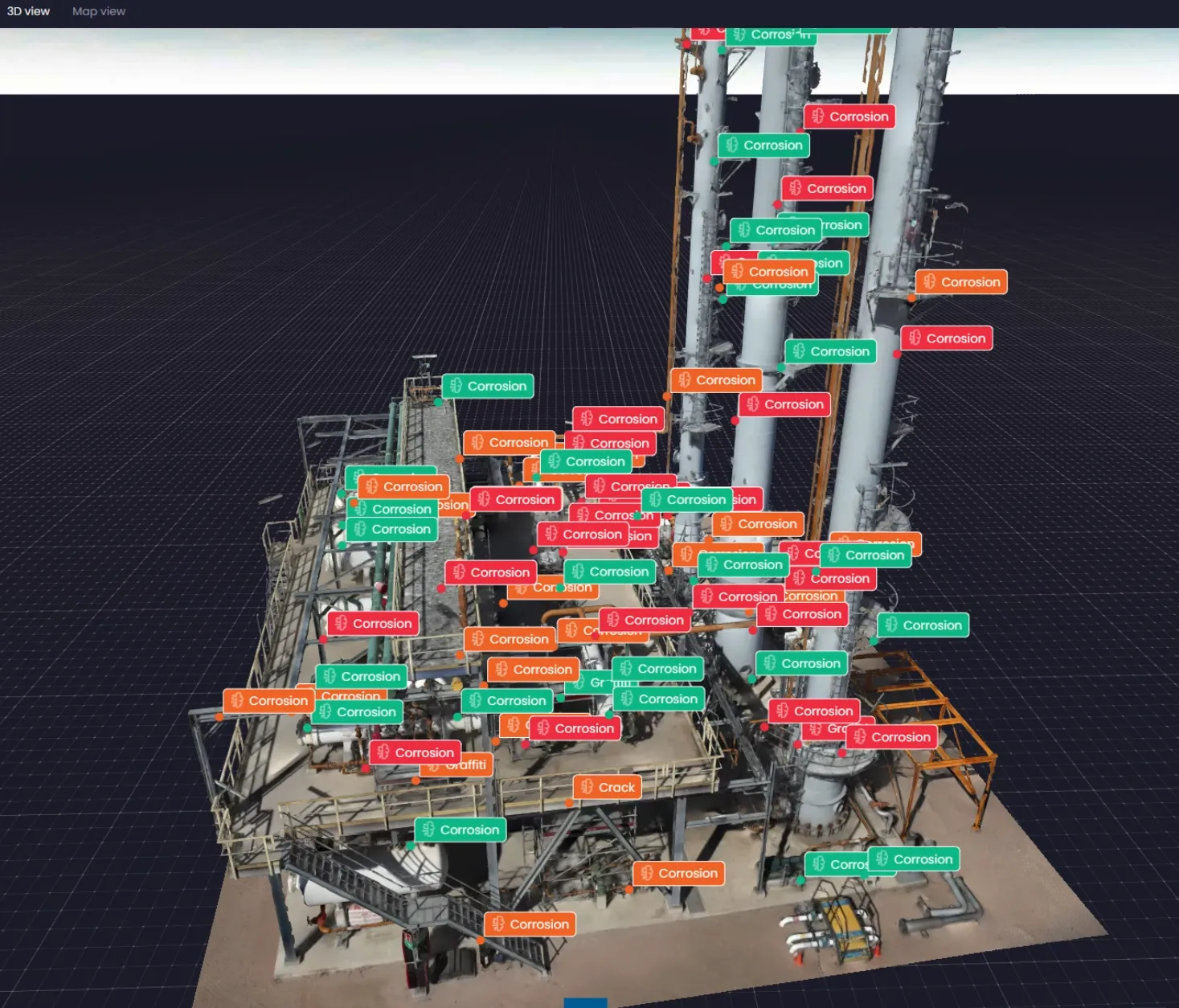 AI-tagged 3D model of an industrial plant showing automated corrosion, crack and anomaly detection across the structure