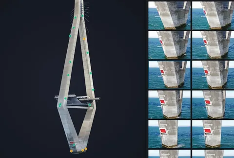 A bridge pylon digital model is paired with image thumbnails documenting marked inspection areas