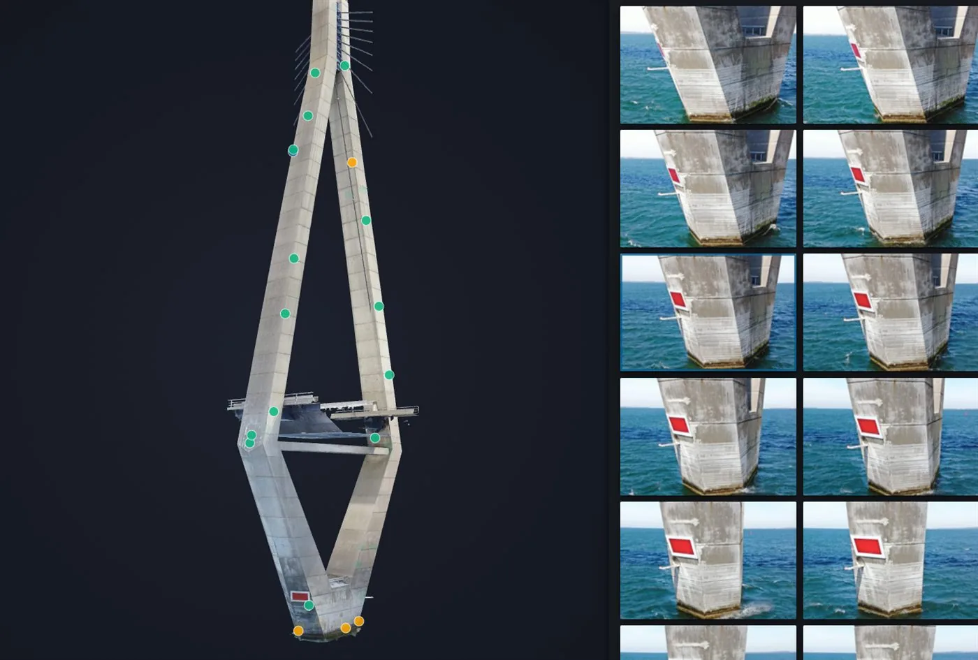 A bridge pylon digital model is paired with image thumbnails documenting marked inspection areas