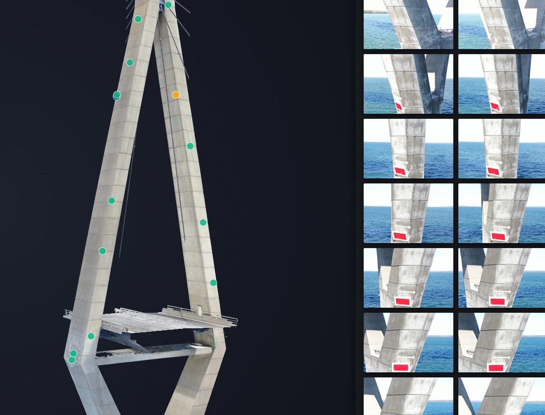 A bridge pylon model with colored issue markers appears beside close-up inspection photographs