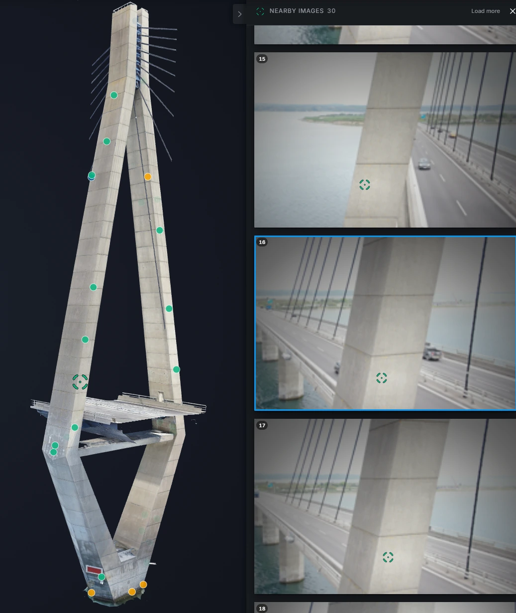 A bridge pylon model appears beside enlarged images of concrete surface details