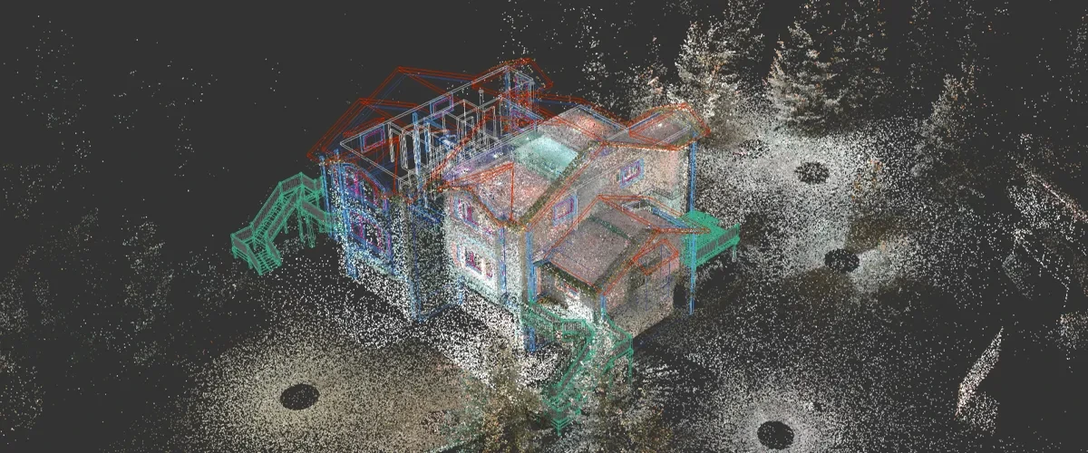 A multicolored point cloud reconstructs a building and its immediate surroundings on a dark background