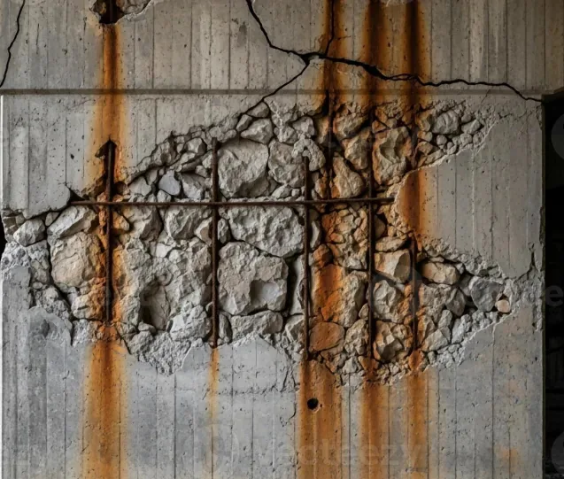 Damaged concrete reveals exposed reinforcing bars with rust staining and surrounding cracks