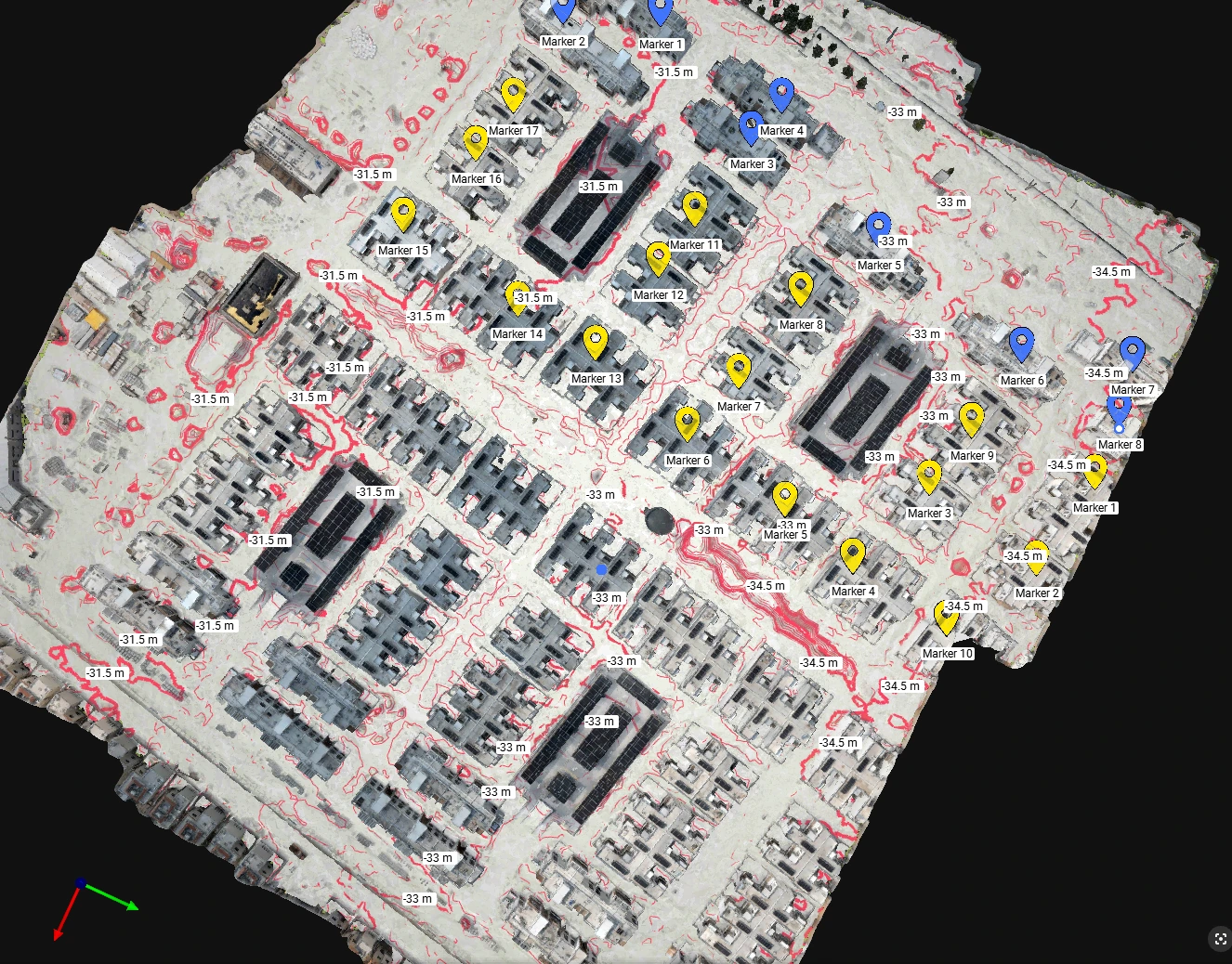Colored elevation contours are overlaid on a textured model of residential buildings and open ground