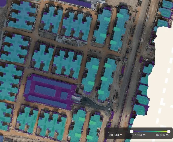 A color-coded elevation map shows height variation across residential buildings and site roads