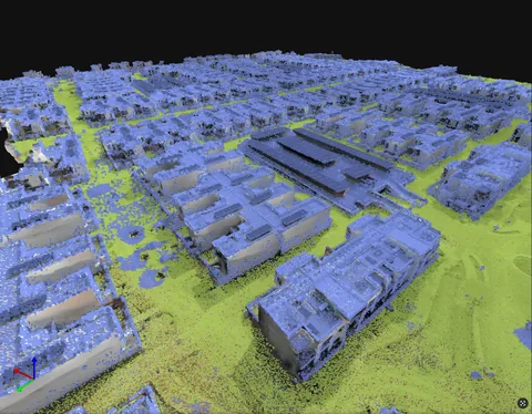 Classified site point cloud distinguishing terrain from buildings