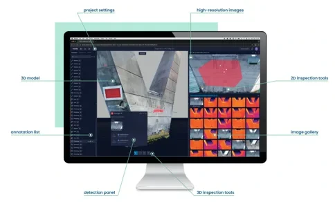 A desktop display illustrates a 3D inspection model, selected defect image, thermal thumbnails and issue information
