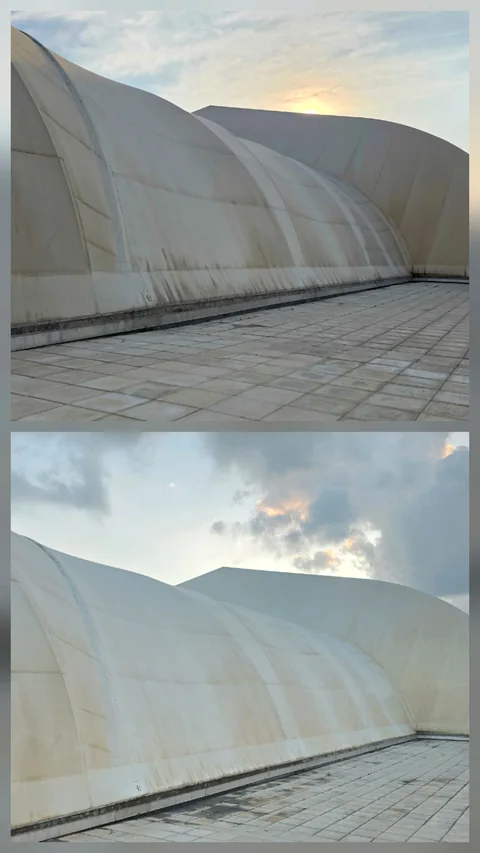 Dome exterior before and after cleaning, shown in a stacked comparison