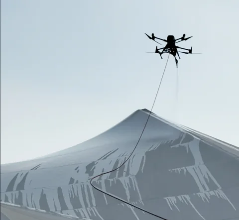 Hose-connected cleaning drone operating above a curved dome