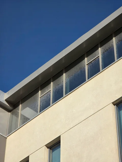 School exterior walls and upper windows before cleaning
