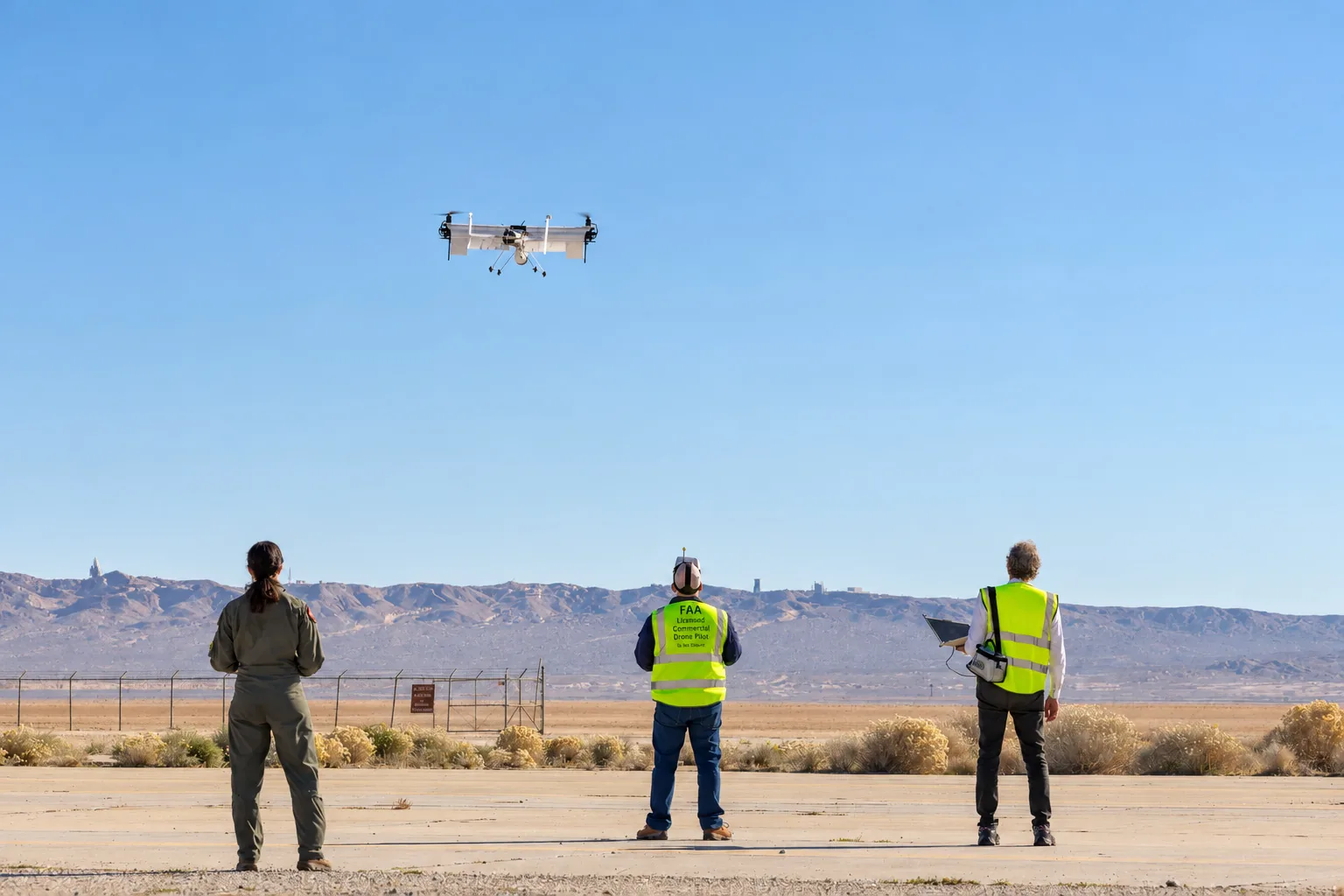 Field crew setting up a survey drone beside rocky terrain