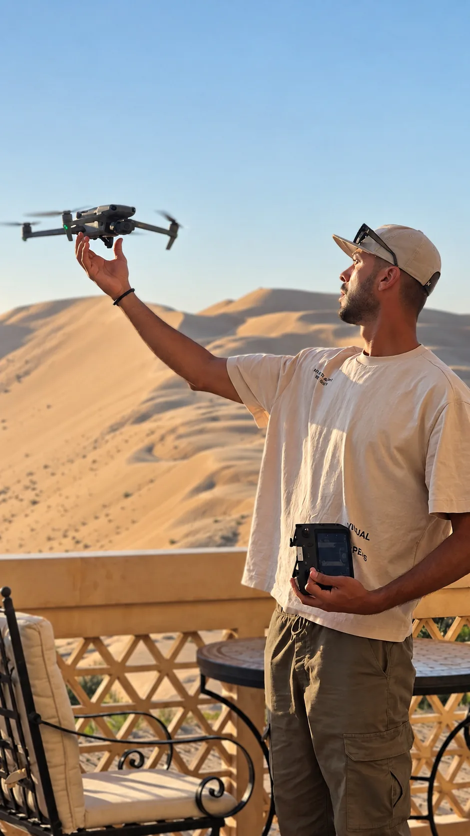 A pilot holds a small drone at arm's length above a terrace with desert dunes in the background