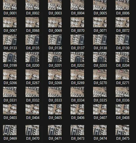 A grid of overlapping aerial photographs prepared for construction-site photogrammetry and 3D reconstruction