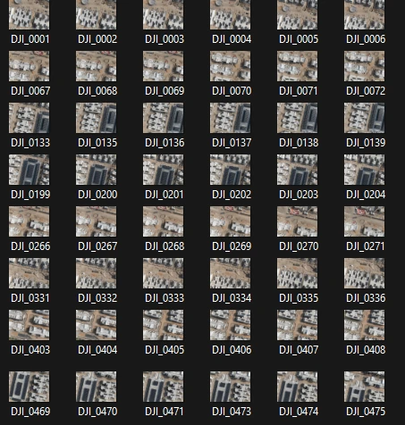 A grid of overlapping aerial photographs prepared for construction-site photogrammetry and 3D reconstruction