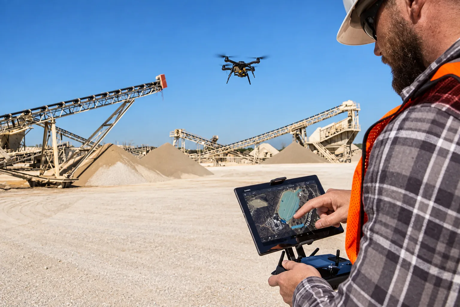 Survey operator working beside aggregate handling equipment on an industrial site
