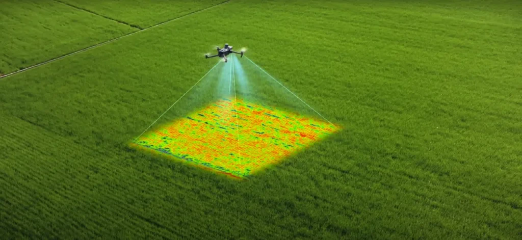 A drone above a green field is illustrated with a color-coded crop analysis overlay beneath it