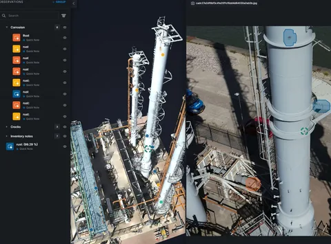 A software interface pairs a 3D industrial tower model with a close-up photograph of the same asset