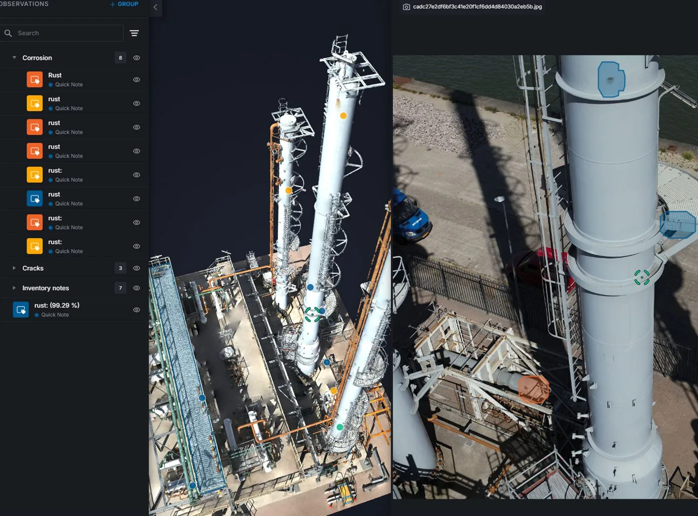 A software interface pairs a 3D industrial tower model with a close-up photograph of the same asset