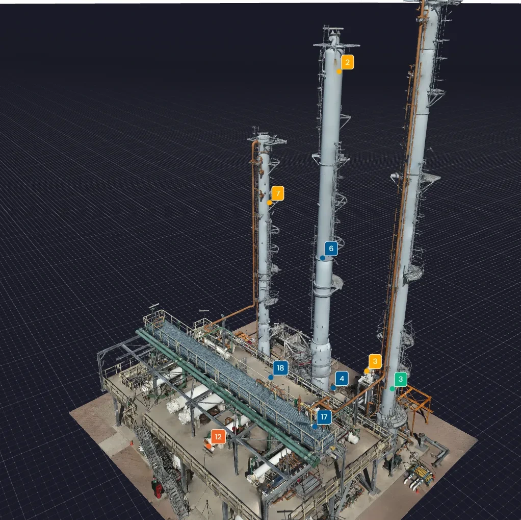 An industrial tower point cloud contains colored markers identifying areas for inspection review