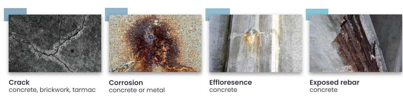 A comparison strip illustrates cracking, corrosion, efflorescence and exposed reinforcement
