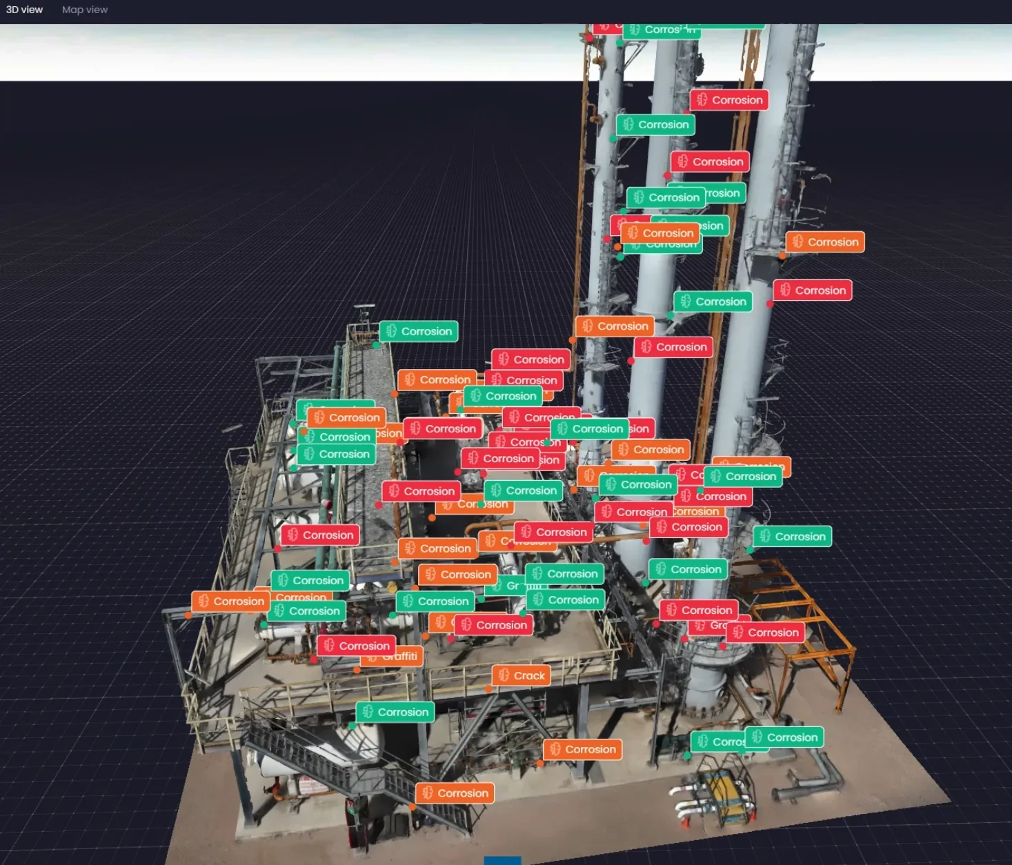 Colored defect labels are distributed across a detailed 3D model of an industrial structure