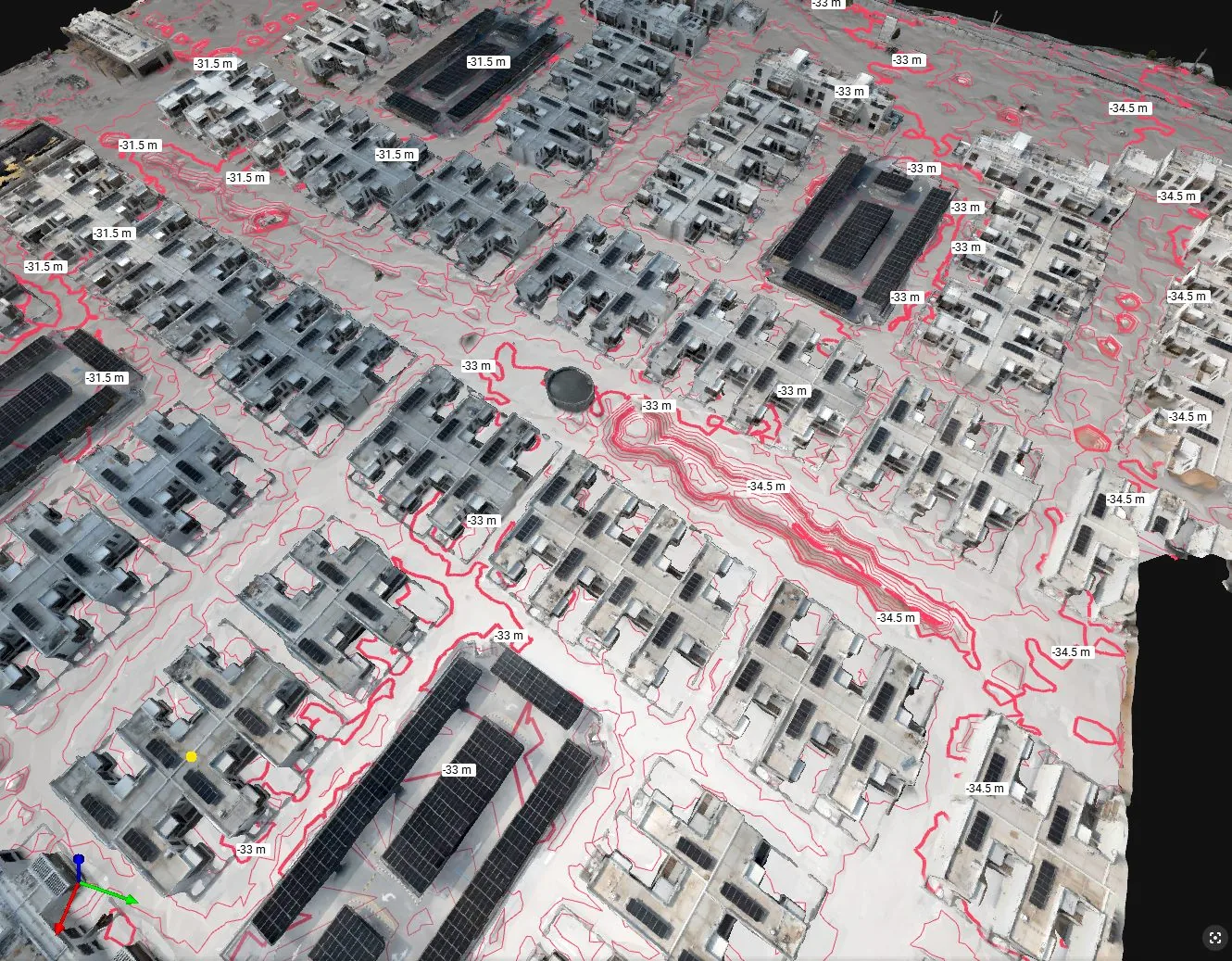 Labeled elevation contours follow roads and ground surfaces across a textured residential site model