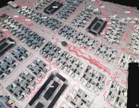 Topographic contours and elevation labels over a residential site model